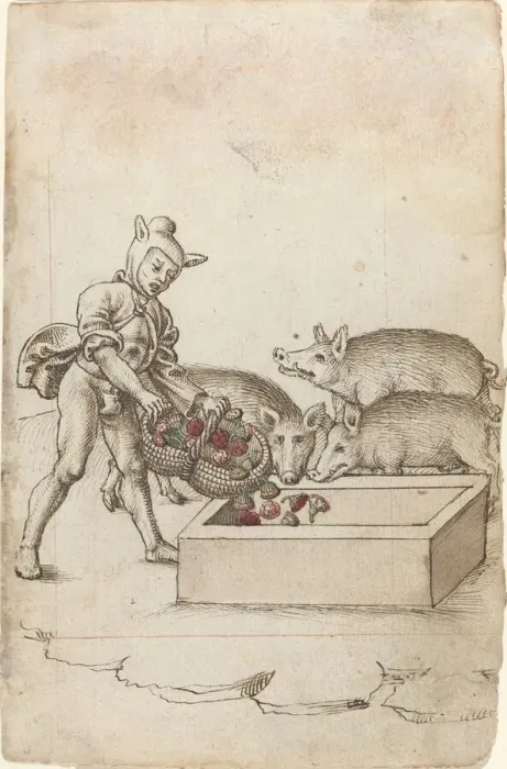 Framed Print : A Fool Feeding Flowers to Swine [fol. 42 recto], c. 1512  /  1515. Creator: Unknown