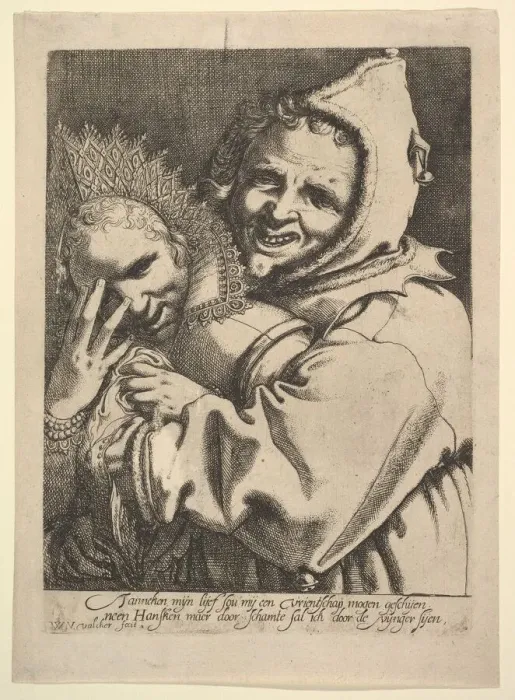 Framed Print : Fool with a Girl Looking Through Her Fingers. Creator: Werner Jacobsz. van den Valckert Framed Print : Fool with a Girl Looking Through Her Fingers. Creator: Werner Jacobsz. van den Valckert