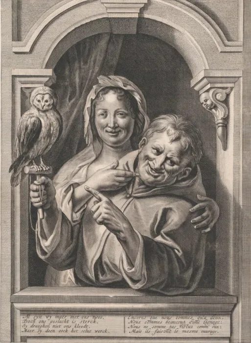 Framed Print : A Fool with an Owl and a Woman at a Window, 17th century. Creator: Pieter de Jode II Framed Print : A Fool with an Owl and a Woman at a Window, 17th century. Creator: Pieter de Jode II