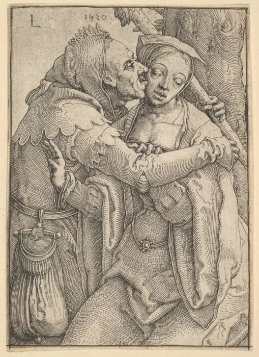 Framed Print : A Fool and a Woman, 1520. Creator: Lucas van Leyden Framed Print : A Fool and a Woman, 1520. Creator: Lucas van Leyden