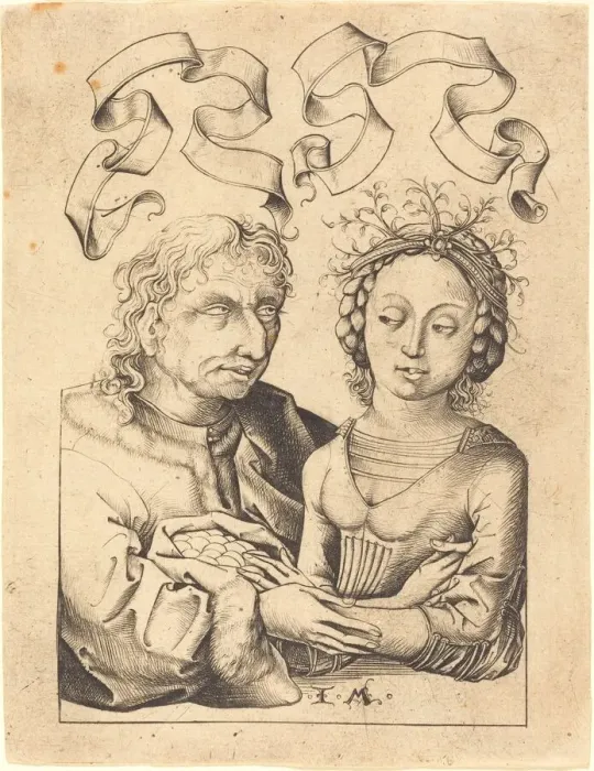Framed Print : The Foolish Old Man and the Young Girl, c. 1480 / 1490. Creator: Israhel van Meckenem Framed Print : The Foolish Old Man and the Young Girl, c. 1480 / 1490. Creator: Israhel van Meckenem