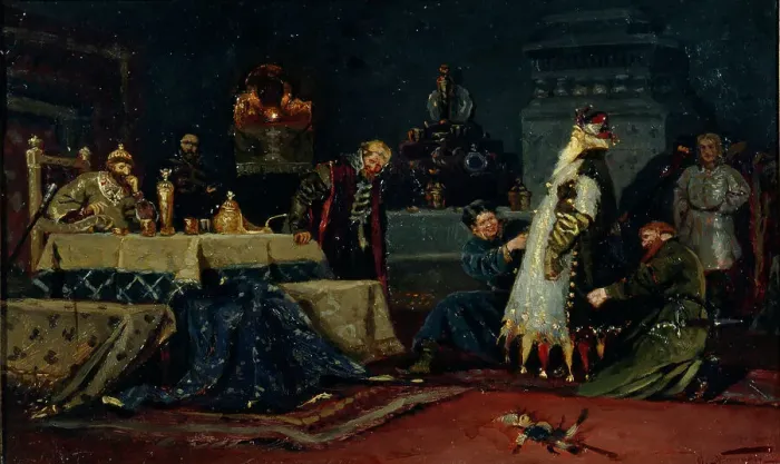 Framed Print : Fools coat. Boyar Druzhina Andreyevich Morozov before Ivan the Terrible, 1885. Artist: Nesterov, Mikhail Vasilyevich (1862-1942) Framed Print : Fools coat. Boyar Druzhina Andreyevich Morozov before Ivan the Terrible, 1885. Artist: Nesterov, Mikhail Vasilyevich (1862-1942)