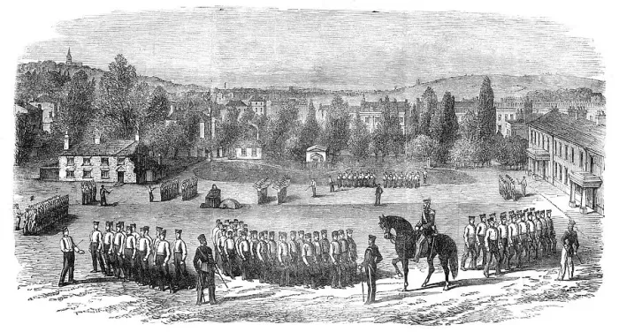 Framed Print : Foot Guards at Squad Drill, at the St. John's Wood Barracks, 1854. Creator: Unknown Framed Print : Foot Guards at Squad Drill, at the St. John's Wood Barracks, 1854. Creator: Unknown