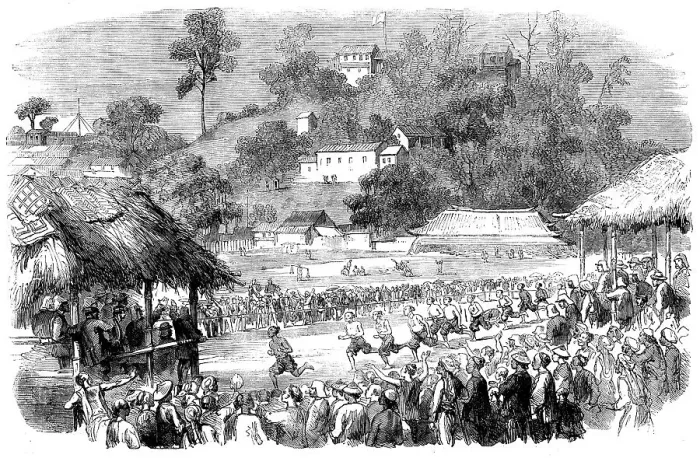 Framed Print : Foot-race at Canton by Coolies of the Military Train - sketched by our special artist and... 1858. Creator: Unknown Framed Print : Foot-race at Canton by Coolies of the Military Train - sketched by our special artist and... 1858. Creator: Unknown