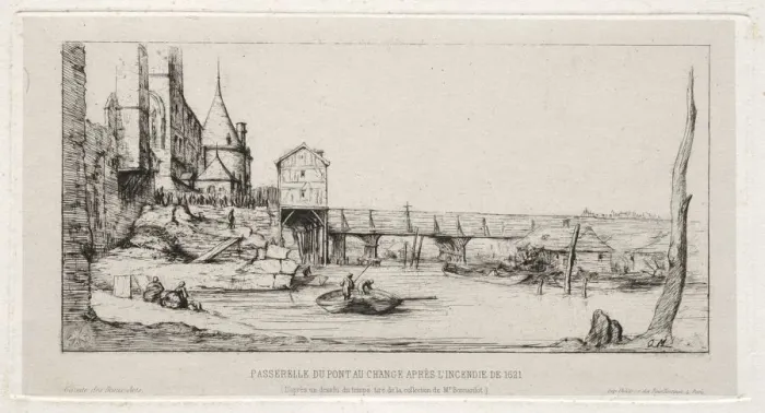 Framed Print : Footbridge Temporarily Replacing the Exchange Bridge, Paris, after the fire of 1621, 1860 Framed Print : Footbridge Temporarily Replacing the Exchange Bridge, Paris, after the fire of 1621, 1860