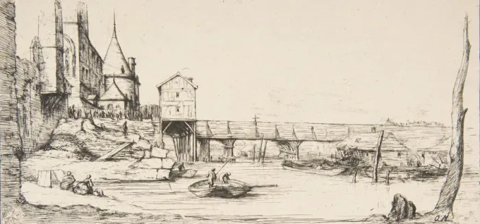 Framed Print : The footbridge temporarily replacing the Pont-au-Change, Paris, after the fire of 1621 Framed Print : The footbridge temporarily replacing the Pont-au-Change, Paris, after the fire of 1621
