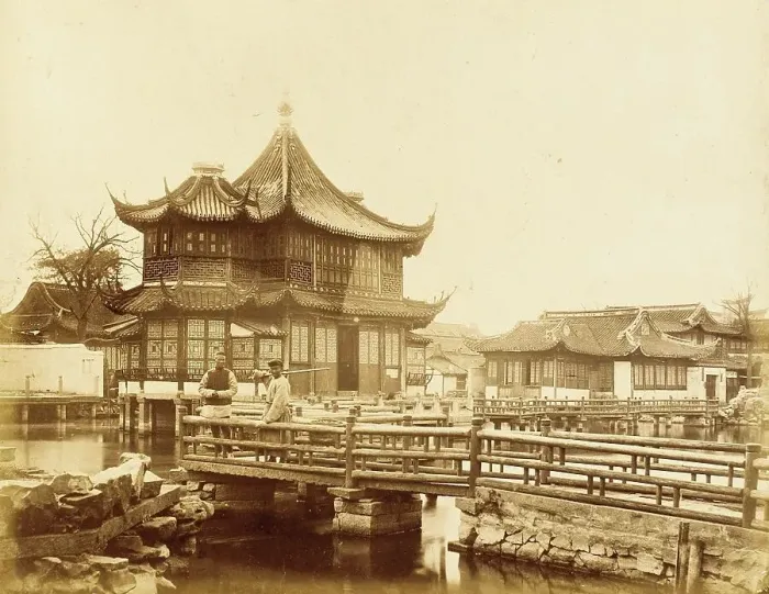Framed Print : Footbridges and Elaborate Commercial Building, S. China, 1860. Creator: Felice Beato Framed Print : Footbridges and Elaborate Commercial Building, S. China, 1860. Creator: Felice Beato