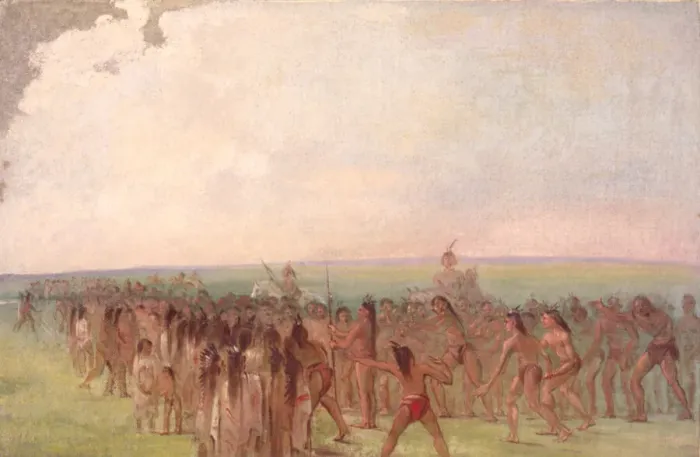 Framed Print : Footrace behind the Mandan Village, 1832-1833. Creator: George Catlin Framed Print : Footrace behind the Mandan Village, 1832-1833. Creator: George Catlin