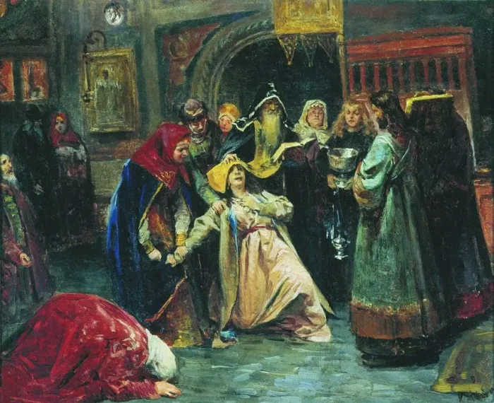 Framed Print : The forced tonsure, 1896. Artist: Lebedev, Klavdi Vasilyevich (1852-1916) Framed Print : The forced tonsure, 1896. Artist: Lebedev, Klavdi Vasilyevich (1852-1916)
