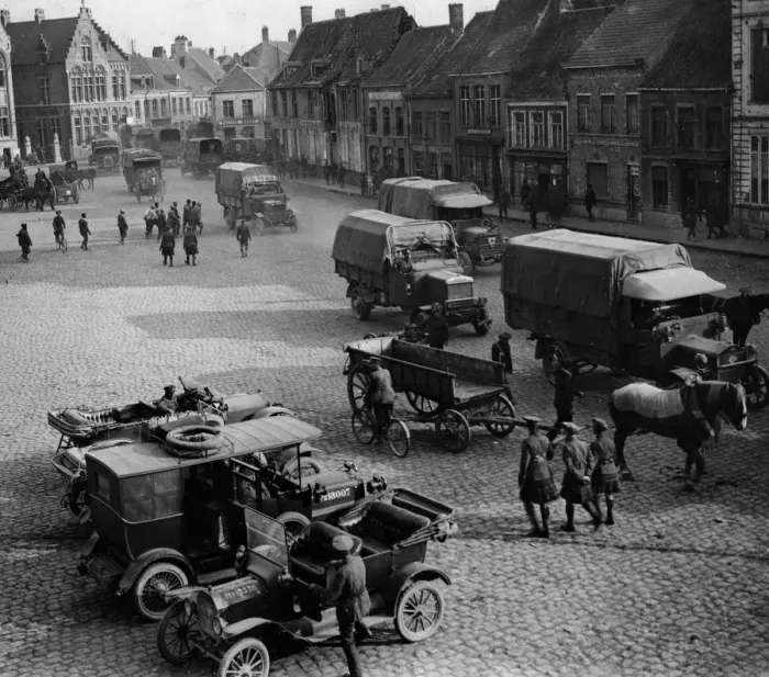 Framed Print : Ford Model T staff car, Poperinge Belgium 1917, Scottish Fusilier regiment. Creator: Unknown