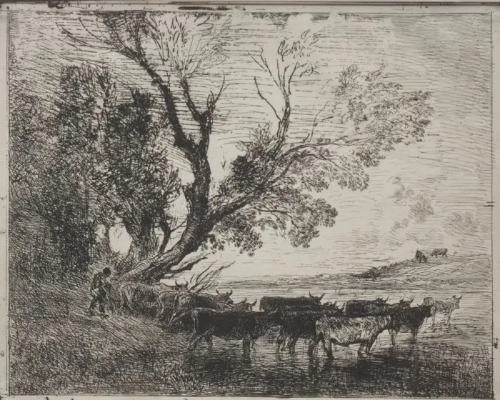 Framed Print : The Ford, original impression 1862, printed in 1921. Creator: Charles Francois Daubigny Framed Print : The Ford, original impression 1862, printed in 1921. Creator: Charles Francois Daubigny