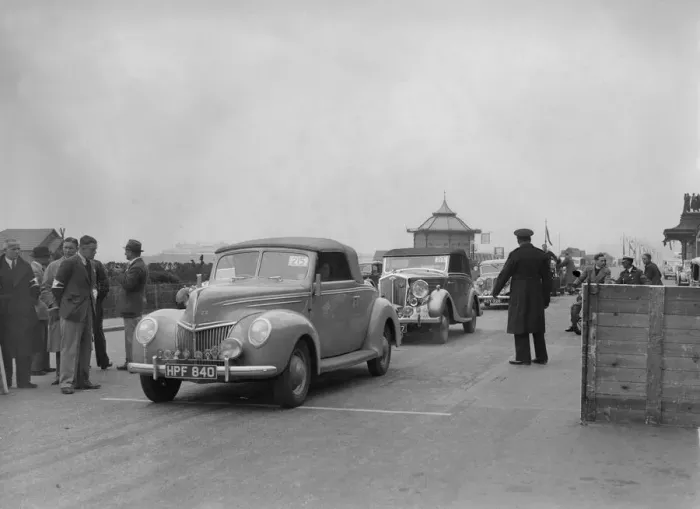 Framed Print : Ford V8 drophead of DB Hall at the RAC Rally, Madeira Drive, Brighton, 1939. Artist: Bill Brunell Framed Print : Ford V8 drophead of DB Hall at the RAC Rally, Madeira Drive, Brighton, 1939. Artist: Bill Brunell