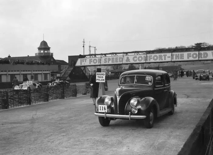 Framed Print : Ford V8 saloon competing in the JCC Rally, Brooklands, Surrey, 1939. Artist: Bill Brunell Framed Print : Ford V8 saloon competing in the JCC Rally, Brooklands, Surrey, 1939. Artist: Bill Brunell