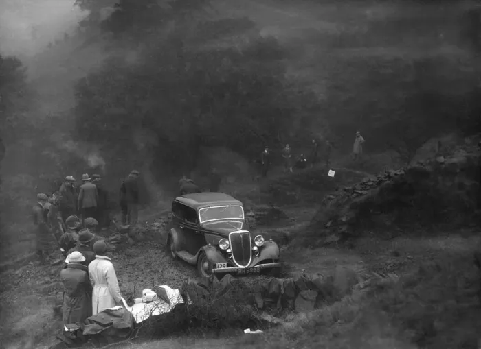 Framed Print : Ford V8 saloon of TC Wise competing in the MCC Sporting Trial, 1935. Artist: Bill Brunell Framed Print : Ford V8 saloon of TC Wise competing in the MCC Sporting Trial, 1935. Artist: Bill Brunell