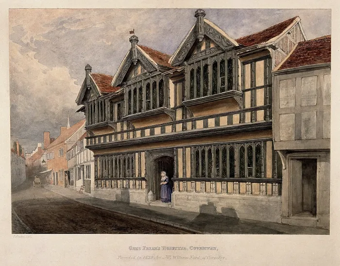 Framed Print : Ford's Hospital (Greyfriars Hospital), Coventry: a woman standing at the entrance, c1840s.. Creator: Edward Pretty. Ford's Hospital (Greyfriars Hospital), Coventry: a woman standing at the entrance, c1840s.. Creator: Edward Pretty Framed Print : Ford's Hospital (Greyfriars Hospital), Coventry: a woman standing at the entrance, c1840s.. Creator: Edward Pretty. Ford's Hospital (Greyfriars Hospital), Coventry: a woman standing at the entrance, c1840s.. Creator: Edward Pretty