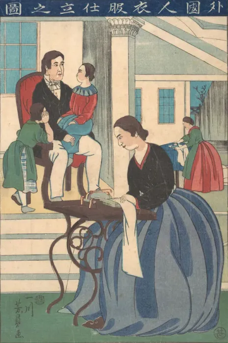 Framed Print : Foreign Family with Wife Making Clothes, 1860. Creator: Yoshikazu Framed Print : Foreign Family with Wife Making Clothes, 1860. Creator: Yoshikazu