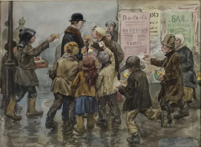 Framed Print : A foreigner attacked by cigarette sellers in Petrograd, 1923 Framed Print : A foreigner attacked by cigarette sellers in Petrograd, 1923