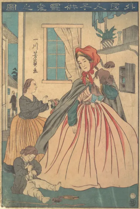 Framed Print : A Foreigner Enjoying Her Children, 1860 (10th month). Creator: Yoshikazu Framed Print : A Foreigner Enjoying Her Children, 1860 (10th month). Creator: Yoshikazu