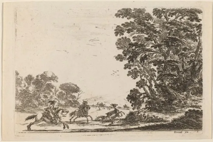 Framed Print : Forest with Deer Hunt, 1642. Creator: Stefano della Bella