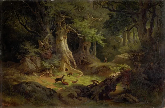 Framed Print : Forest with a herd of deer, 1868. Creator: Gusztav Keleti Framed Print : Forest with a herd of deer, 1868. Creator: Gusztav Keleti