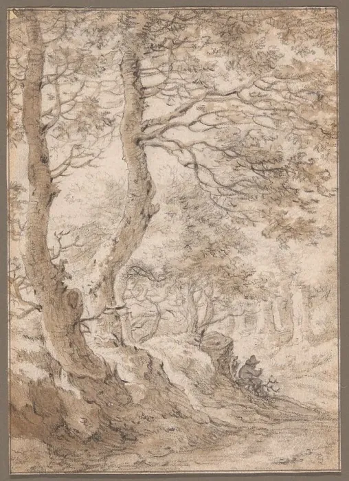 Framed Print : A Forest Interior, with a Seated Figure, n.d. Creator: Herman Saftleven the Younger