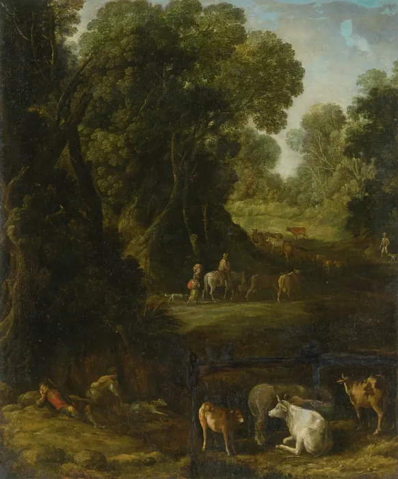 Framed Print : Forest Interior with Travellers and Cattle Herdsmen, around 1770. Creator: Unknown Framed Print : Forest Interior with Travellers and Cattle Herdsmen, around 1770. Creator: Unknown