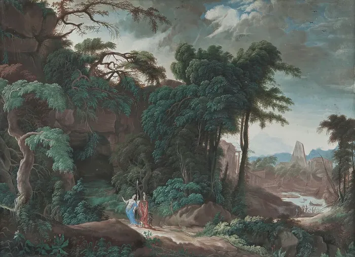 Framed Print : Forest landscape with figures, late 17th-early 18th century. Creator: Pierre Antoine Patel Framed Print : Forest landscape with figures, late 17th-early 18th century. Creator: Pierre Antoine Patel