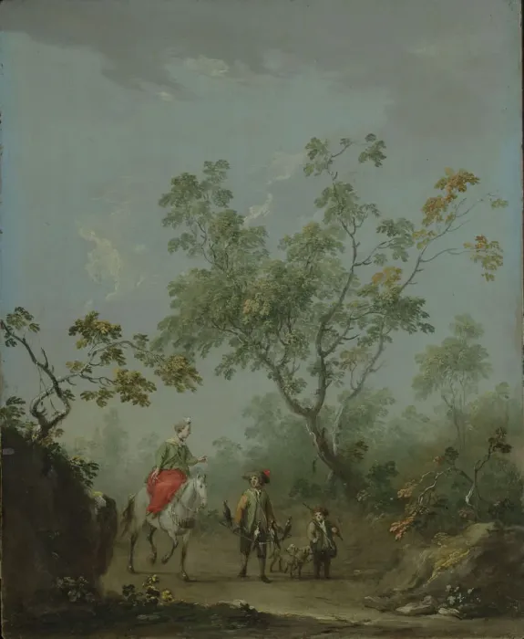 Framed Print : Forest landscape with a lady on horseback, a falconer and a huntsman