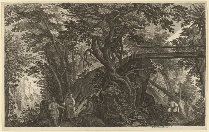 Framed Print : Forest Landscape with Two Men and a Woman Resting near a Bridge. Creator: Aegidius Sadeler II Framed Print : Forest Landscape with Two Men and a Woman Resting near a Bridge. Creator: Aegidius Sadeler II