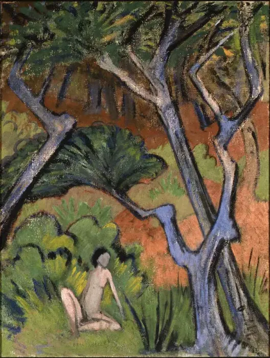 Framed Print : Forest landscape with nude, 1924. Creator: Mueller, Otto (1874-1930) Framed Print : Forest landscape with nude, 1924. Creator: Mueller, Otto (1874-1930)