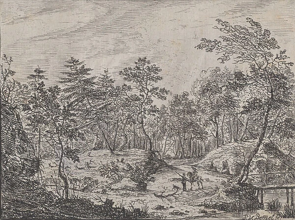 Forest landscape with a rider conversing with a man at center, a footbridge at right