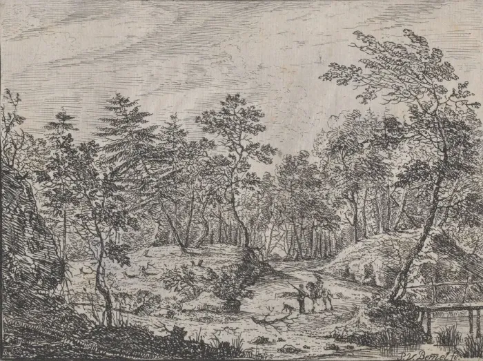Framed Print : Forest landscape with a rider conversing with a man at center, a footbridge at right Framed Print : Forest landscape with a rider conversing with a man at center, a footbridge at right