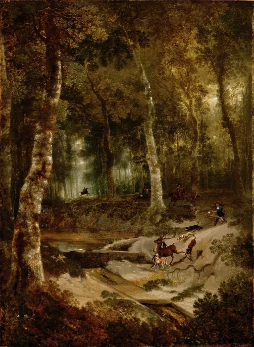 Framed Print : Forest Landscape with Stag Hunt, c.between 1665 and 1670. Creator: Jan Hackaert Framed Print : Forest Landscape with Stag Hunt, c.between 1665 and 1670. Creator: Jan Hackaert