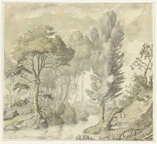 Forest landscape with a stream, and a hill on the right, 1677-1755. Creator: Elias van Nijmegen