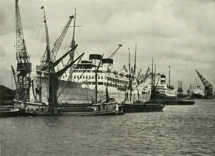 Framed Print : The Forest of Masts Has Given Place to a Cluster of Steamer Funnels Vessels Berthed at... 1937. Creator: Unknown. The Forest of Masts Has Given Place to a Cluster of Steamer Funnels Vessels Berthed at... 1937. Creator: Unknown Framed Print : The Forest of Masts Has Given Place to a Cluster of Steamer Funnels Vessels Berthed at... 1937. Creator: Unknown. The Forest of Masts Has Given Place to a Cluster of Steamer Funnels Vessels Berthed at... 1937. Creator: Unknown