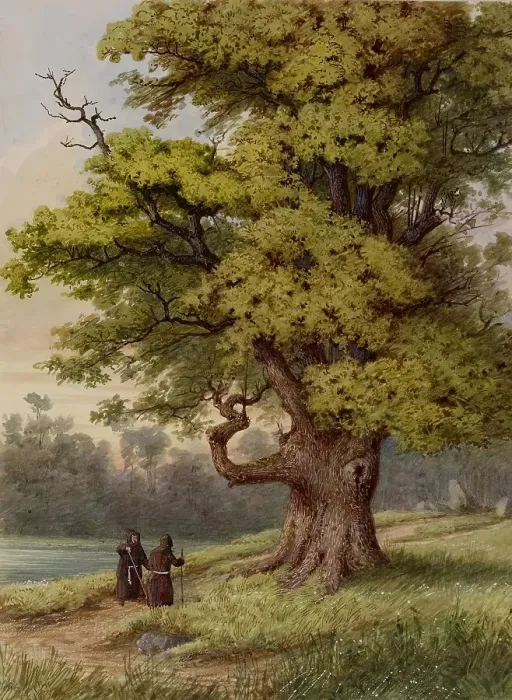 Framed Print : Forest Scene with Two Monks, 19th century. Creator: Friedrich August Schlegel Framed Print : Forest Scene with Two Monks, 19th century. Creator: Friedrich August Schlegel