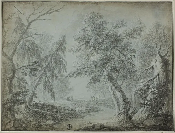 Framed Print : Forest with Stream and Figures, n.d Framed Print : Forest with Stream and Figures, n.d