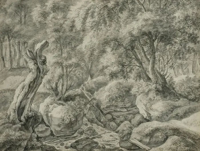 Framed Print : Forest with a stream running between large boulders. Creator: Anthonie Waterloo Framed Print : Forest with a stream running between large boulders. Creator: Anthonie Waterloo