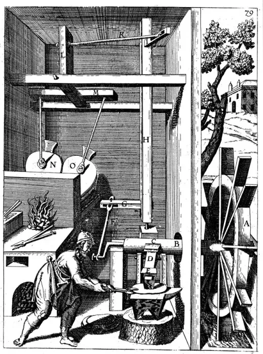 Framed Print : Forge with bellows driven by an undershot water wheel through cranks, 1673 Framed Print : Forge with bellows driven by an undershot water wheel through cranks, 1673