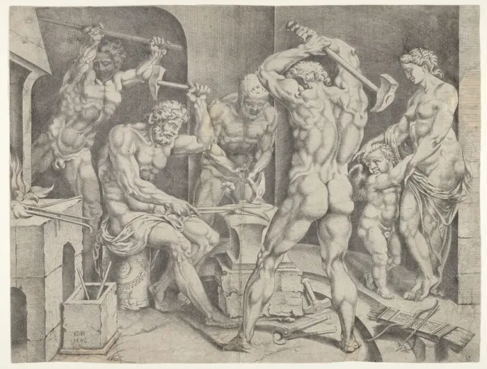 Framed Print : The Forge of Vulcan, 1546. Creator: Cornelis Bos Framed Print : The Forge of Vulcan, 1546. Creator: Cornelis Bos