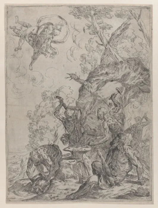 Framed Print : The forge of Vulcan with smiths striking an anvil with hammers... 1640-59