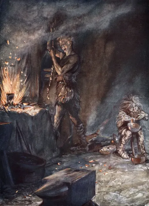 Framed Print : The forging of Nothung, 1924. Artist: Arthur Rackham Framed Print : The forging of Nothung, 1924. Artist: Arthur Rackham