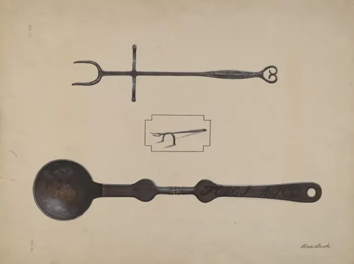 Framed Print : Fork and Ladle, c. 1937. Creator: Rex F Bush Framed Print : Fork and Ladle, c. 1937. Creator: Rex F Bush