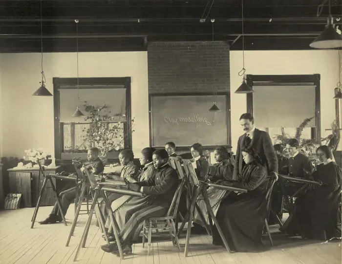 Framed Print : Formal class in liberal arts and sciences Hampton Institute, Hampton, Va. -writing... 1899 or 1900. Creator: Frances Benjamin Johnston Framed Print : Formal class in liberal arts and sciences Hampton Institute, Hampton, Va. -writing... 1899 or 1900. Creator: Frances Benjamin Johnston