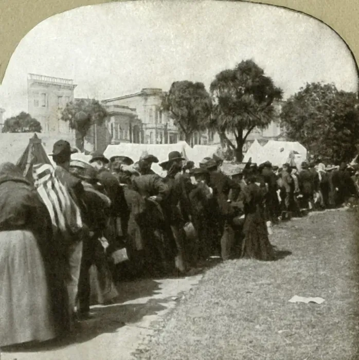 Framed Print : Forming bread line at Jefferson Square, 1906. Creator: Unknown Framed Print : Forming bread line at Jefferson Square, 1906. Creator: Unknown
