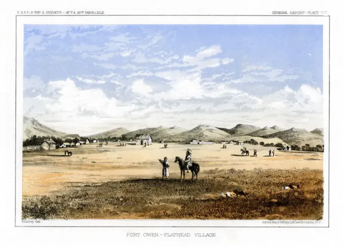 Framed Print : Fort Owen, Flathead Village, USA, 1856. Artist: John Mix Stanley Framed Print : Fort Owen, Flathead Village, USA, 1856. Artist: John Mix Stanley