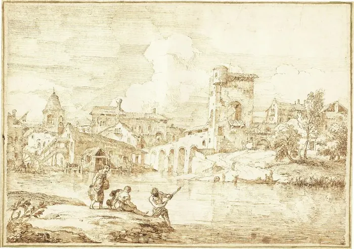 Framed Print : A Fortified Village along a River, 1727 / 1729. Creator: Marco Ricci