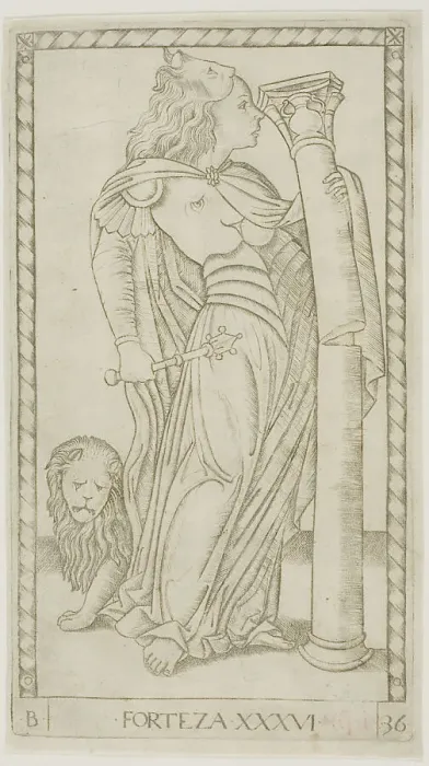 Framed Print : Fortitude, plate 36 from Genii and Virtues, c.1465. Creator: Unknown Framed Print : Fortitude, plate 36 from Genii and Virtues, c.1465. Creator: Unknown