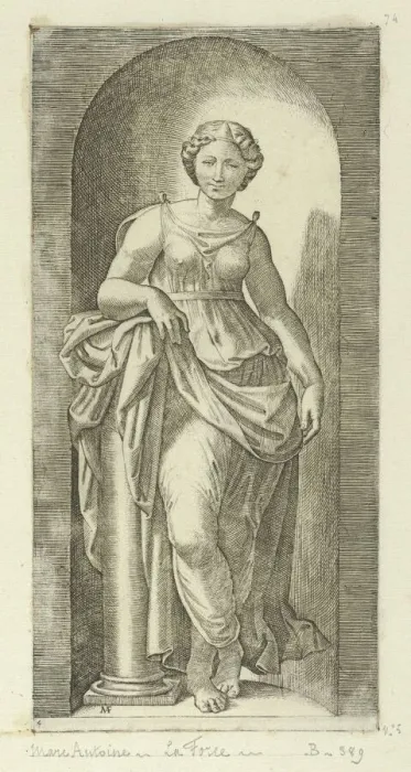 Framed Print : Fortitude or Strength personified by a woman standing in a nice resting her arm on... ca. 1515-25. Creator: Marcantonio Raimondi Framed Print : Fortitude or Strength personified by a woman standing in a nice resting her arm on... ca. 1515-25. Creator: Marcantonio Raimondi