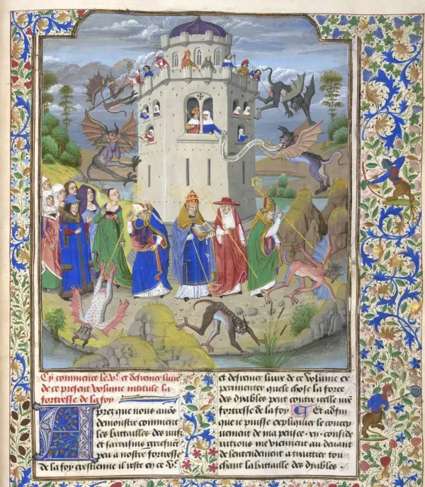 Framed Print : Fortress of Faith (Miniature of the Saints Gregory, Augustine, Jerome, and Ambrose fighting demons), Late 15th cen Artist: Liedet, Loyset (1420-1479) Framed Print : Fortress of Faith (Miniature of the Saints Gregory, Augustine, Jerome, and Ambrose fighting demons), Late 15th cen Artist: Liedet, Loyset (1420-1479)